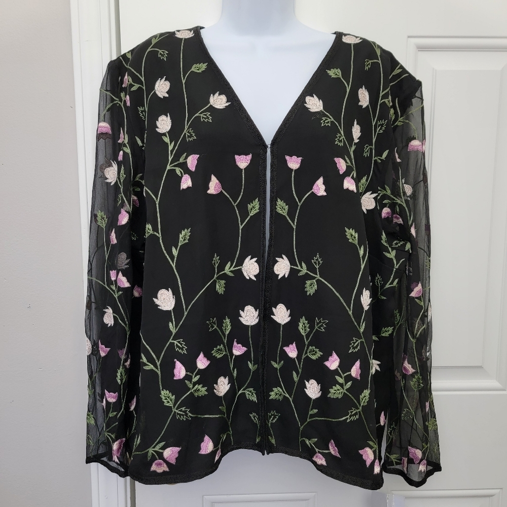 Adrianna Papell Black Sheer Floral Embroidered Jacket